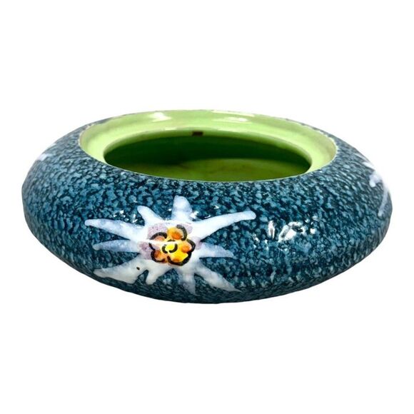 Vintage Signed Italy Blue Ceramic Bowl Planter Floral & Green Interior Flower 6" - Picture 2 of 6